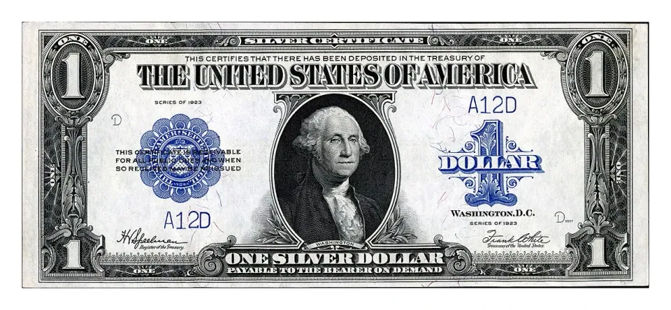 Series 1923 $1 silver certificate front: blue seal, printed issue title and signatures.