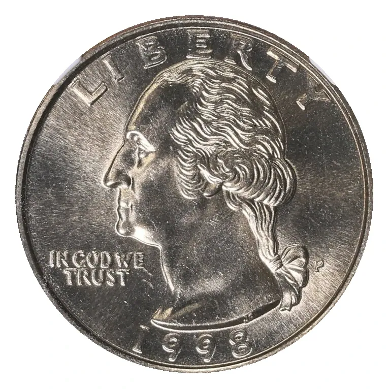 1998-P Washington quarter obverse: mint letter beside the portrait and date below.