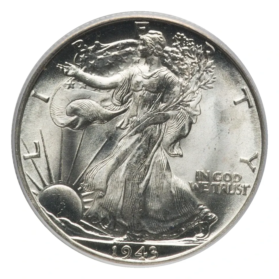 1943-D Walking Liberty half dollar obverse: full-length Liberty and the date.