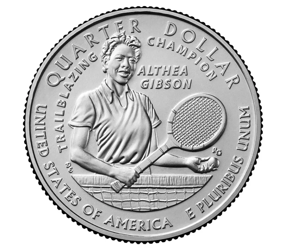 2025 Althea Gibson quarter reverse: Gibson holds a tennis racket and ball by a net.