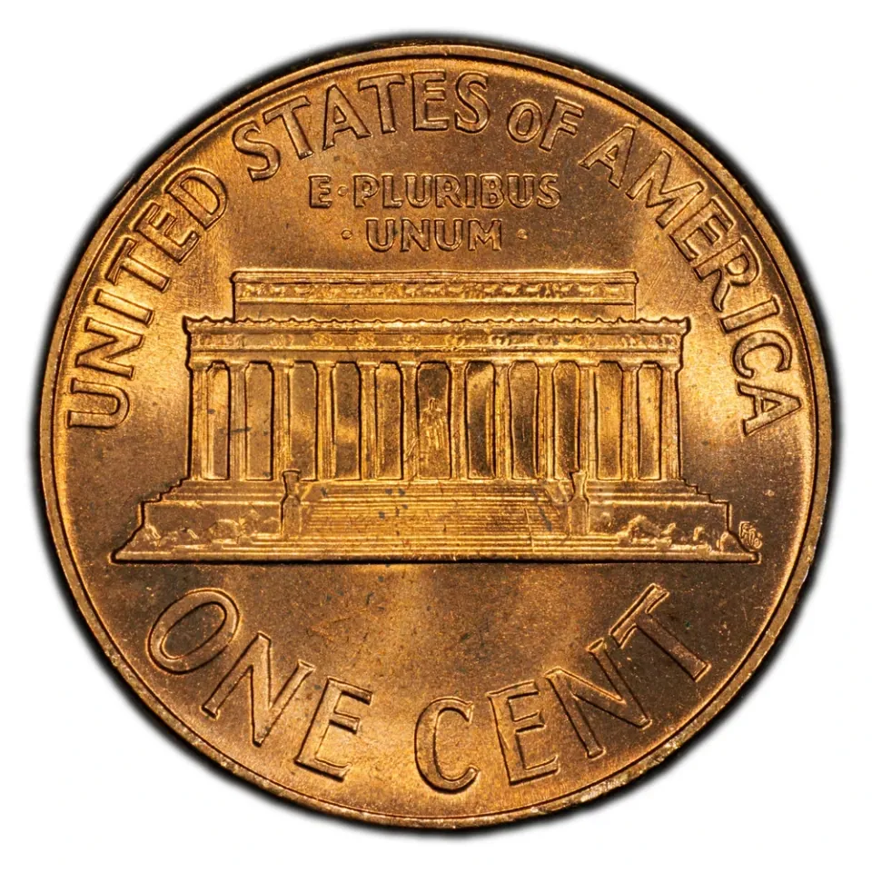 Same 1959 reverse: Gasparro’s Memorial building and ONE CENT; the small statue is part of the design.