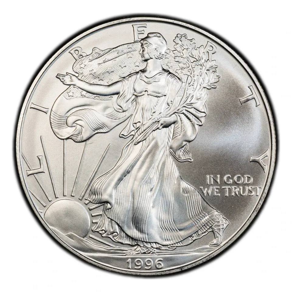 1996 Silver Eagle bullion obverse: Walking Liberty and the date.