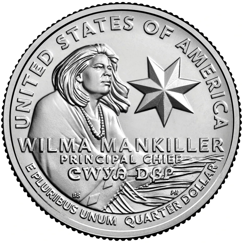 2022 Wilma Mankiller quarter reverse: Mankiller appears with a shawl, wind and a seven-pointed star.