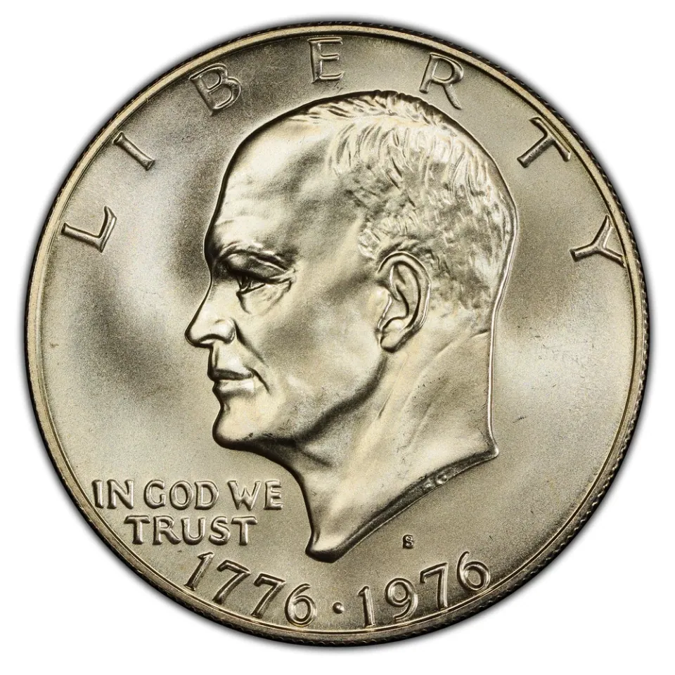 1776–1976-S silver · obverse: Eisenhower appears above the dual date; S is below his neck.