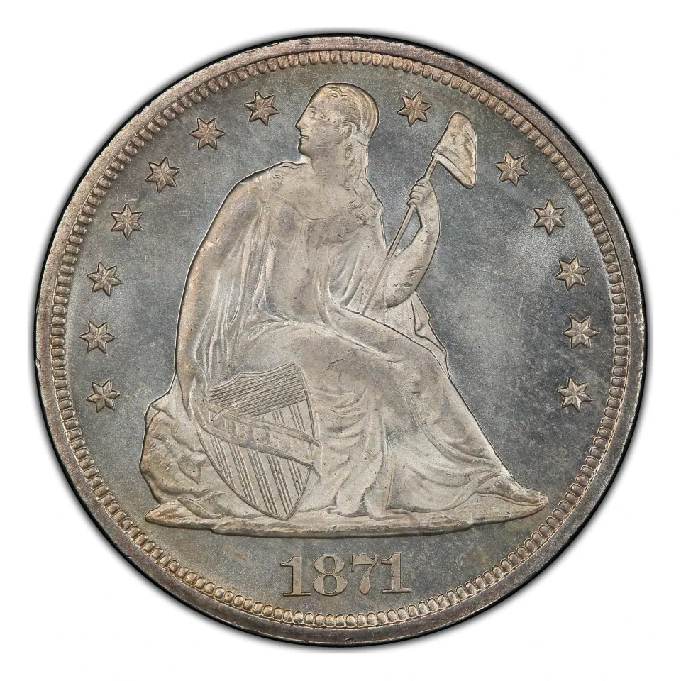 1871 Philadelphia Liberty Seated dollar: seated figure, shield and date.