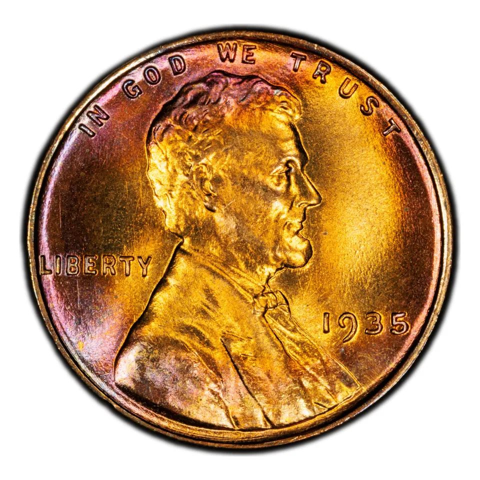 1935 Philadelphia Lincoln cent: no mint letter below the date is expected.