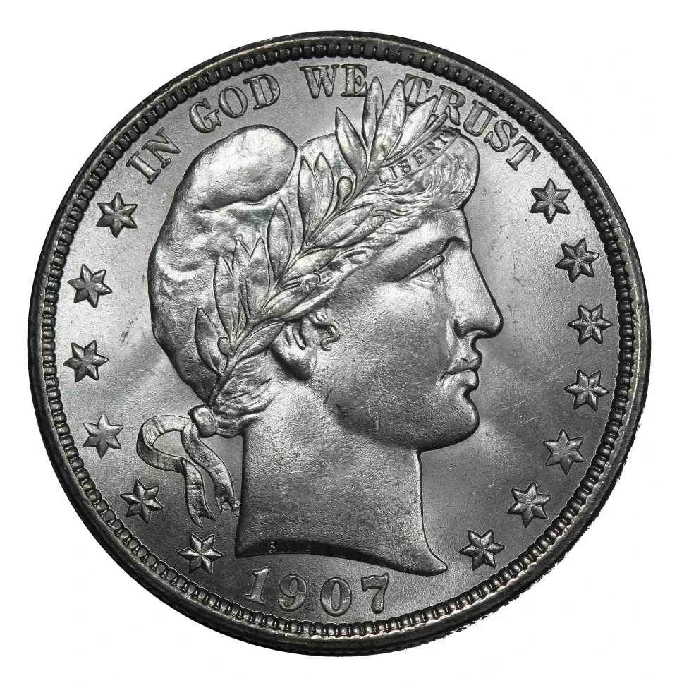 1907-D Barber half dollar obverse: Liberty portrait, headband and full date.