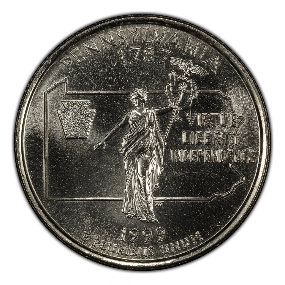 1999 Pennsylvania reverse: Commonwealth figure and state outline.