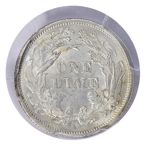 Same 1876 reverse: ONE DIME inside the wreath; no mint letter identifies Philadelphia.