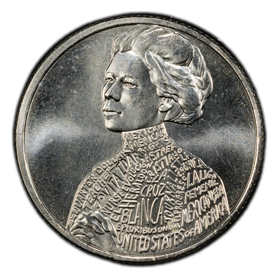 Jovita Idar reverse: inscriptions form her clothing; open space is part of the design.