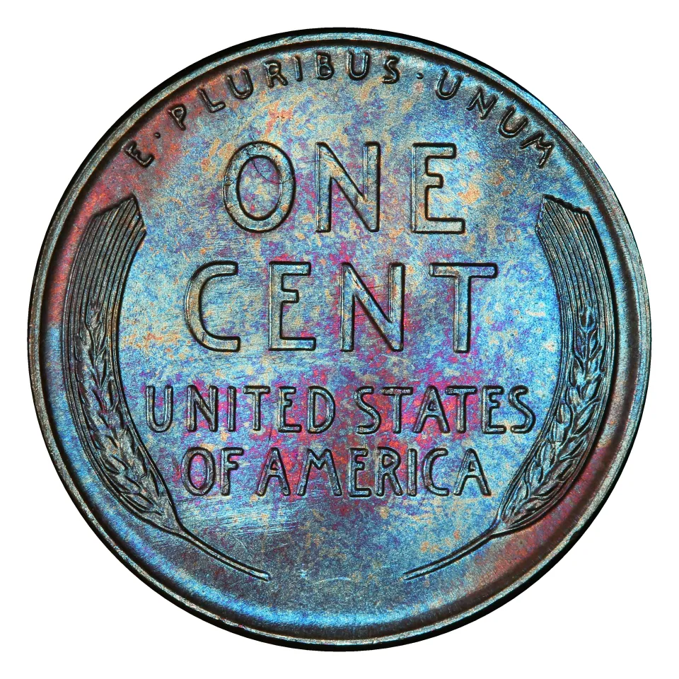 Same 1950 wheat reverse: two wheat ears frame ONE CENT and UNITED STATES OF AMERICA.