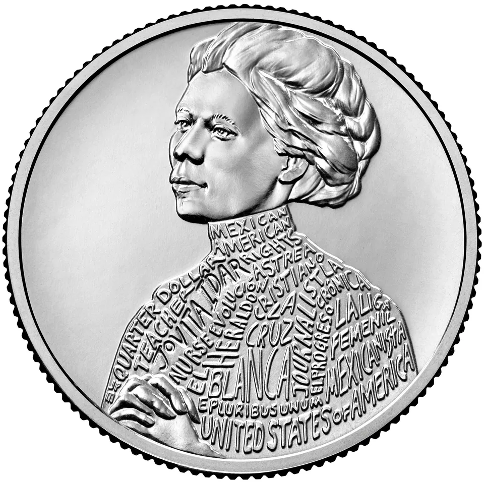 2023 Jovita Idar quarter reverse: A standing figure contains inscriptions within her clothing.
