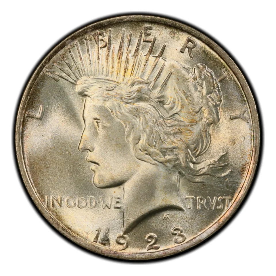 1923 Philadelphia Peace dollar: Liberty, the radiate crown and the date identify the design.
