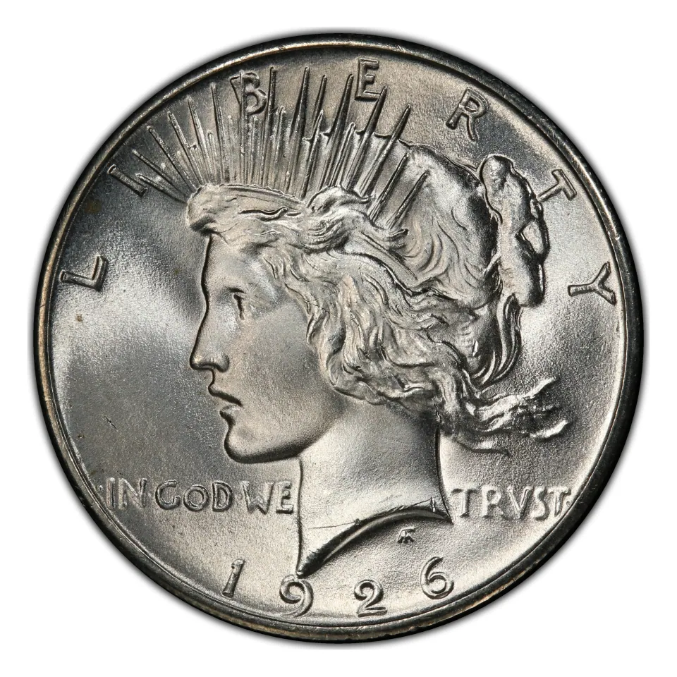 1926 Philadelphia Peace dollar obverse: the date is below Liberty and TRVST is normal lettering.