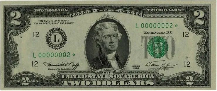 Series 1976 $2 replacement note: L00000002★ combines a printed star with an exceptional low serial.