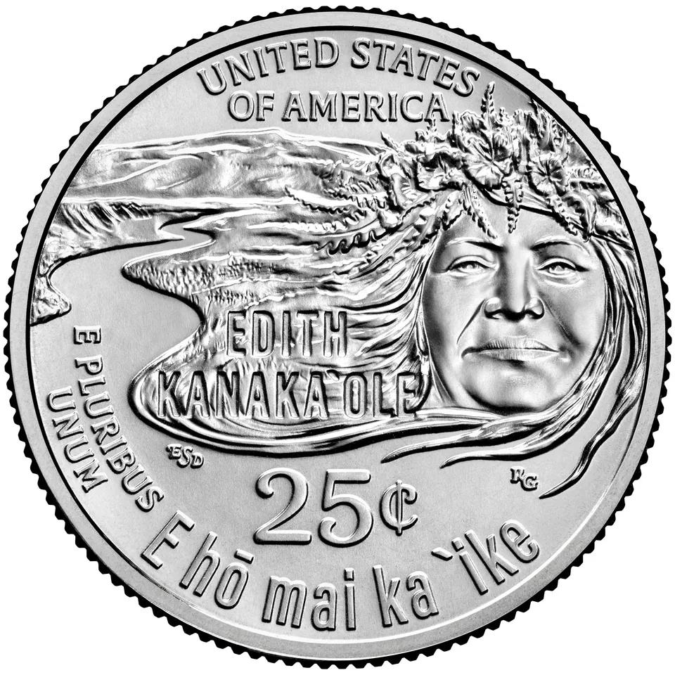 2023 Edith Kanakaʻole quarter reverse: A portrait and lei merge with Hawaiian scenery.