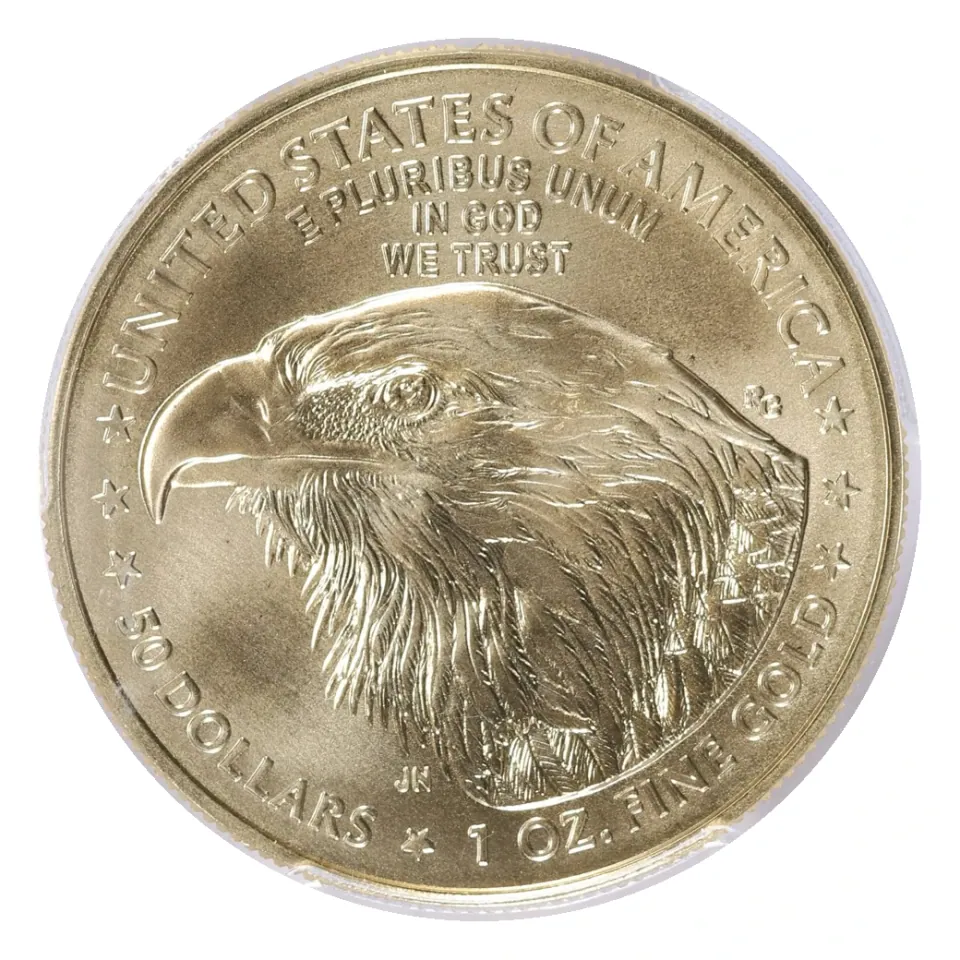 Same 2021 Type 2 reverse: eagle head, 1 OZ. FINE GOLD and 50 DOLLARS identify this size.