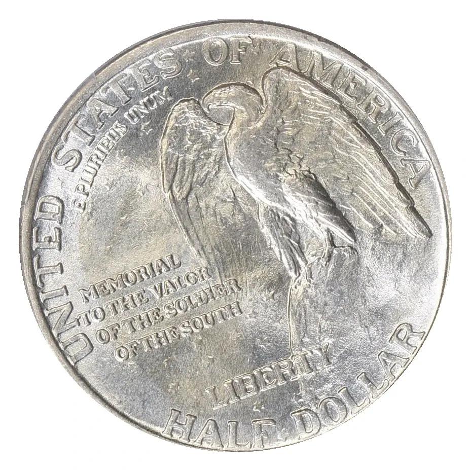 Same 1925 reverse: eagle, memorial inscription and HALF DOLLAR; no mint mark is normal.