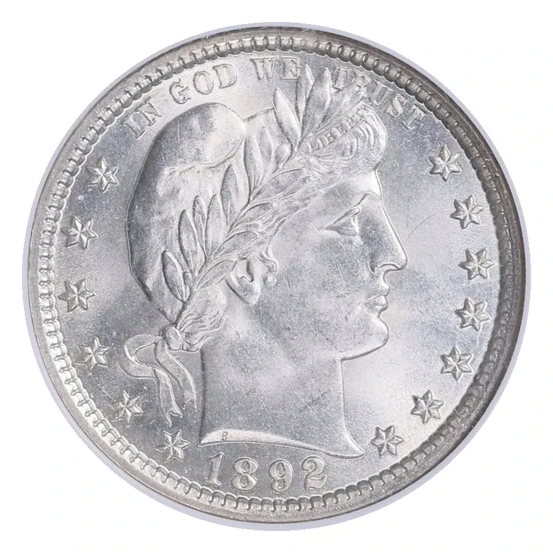 1892 Philadelphia Barber quarter obverse: Liberty portrait and date.