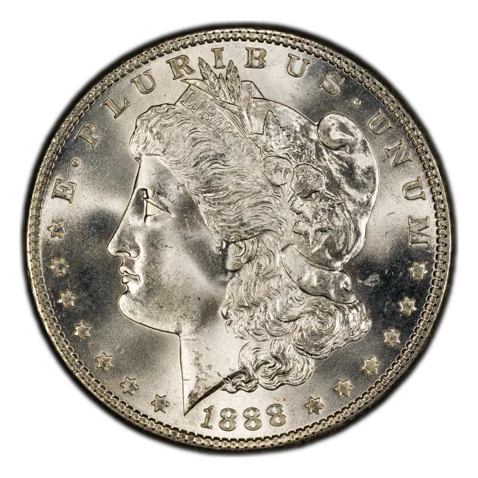 1888 Philadelphia obverse: the date sits below Liberty’s portrait.