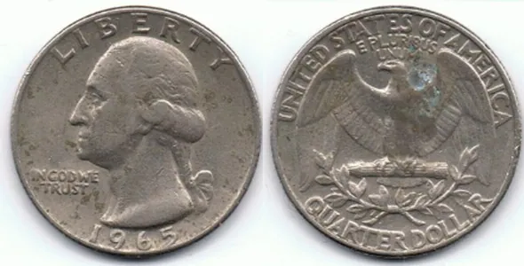 1965 Washington quarter, both faces: the familiar design continued after the metal change.