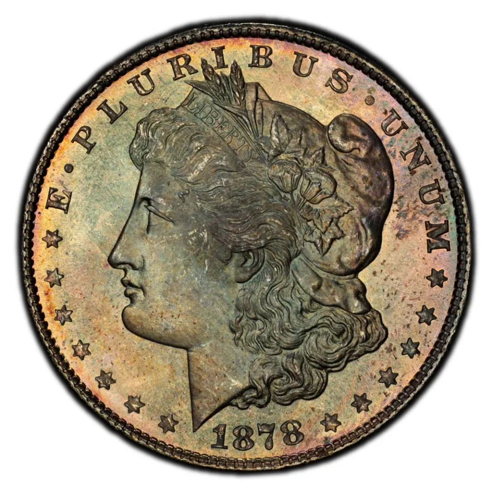 1878 eight-tail-feather example · obverse: This second coin shares the same date and portrait.