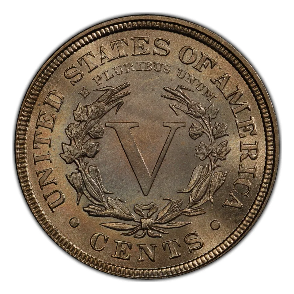 1883 With Cents reverse: CENTS appears below the wreath and V.