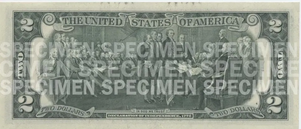 Official educational SPECIMEN reverse image: the modern Declaration of Independence design, not the same physical note as the front.