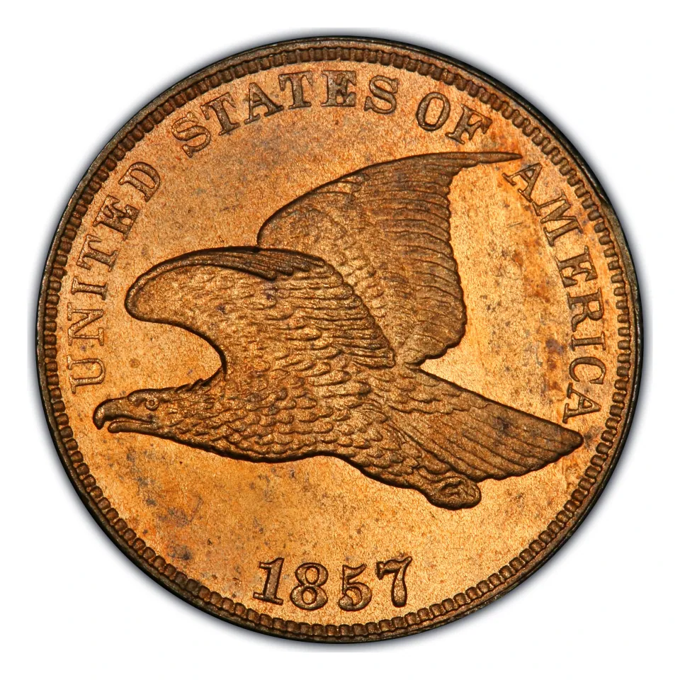 1857 regular-strike Flying Eagle cent: eagle flying left and the date.