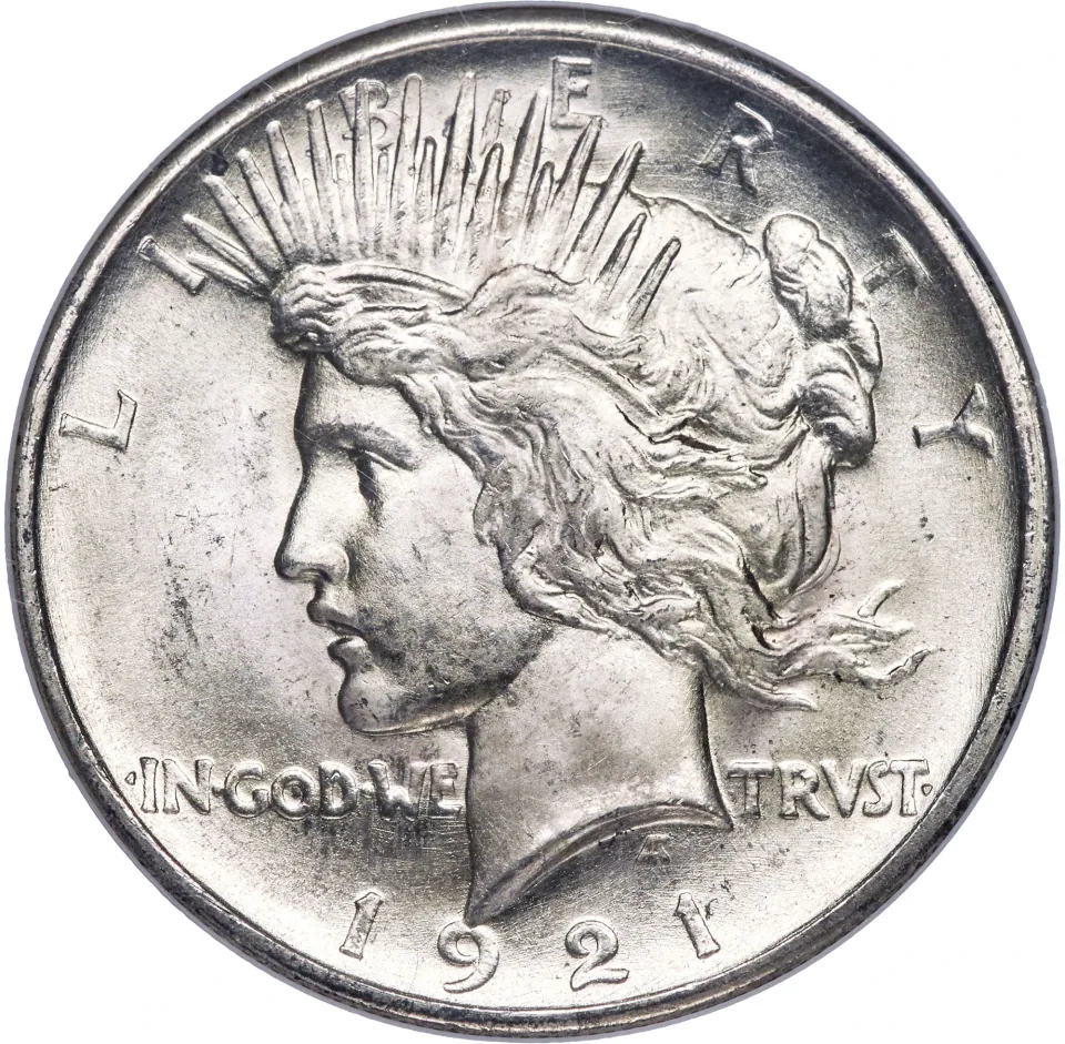 1921 Peace dollar obverse: the first-year radiate Liberty design.
