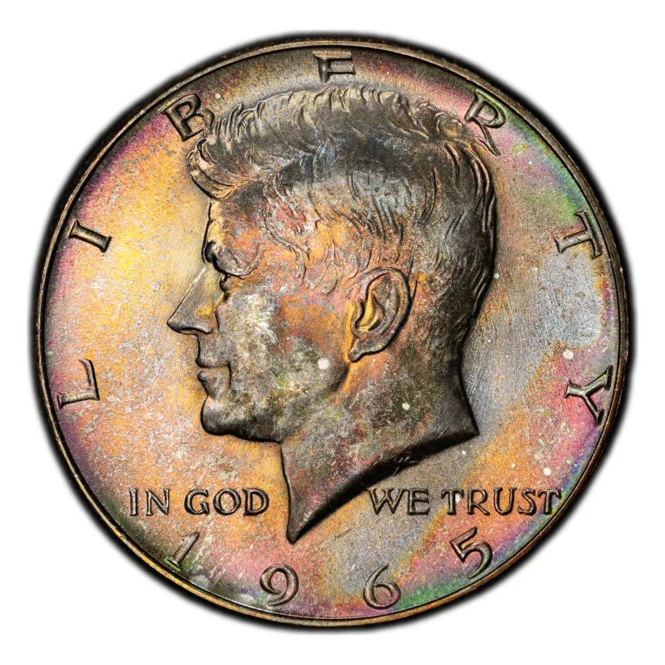 1965 Kennedy half dollar obverse: no mint mark is expected for this year.
