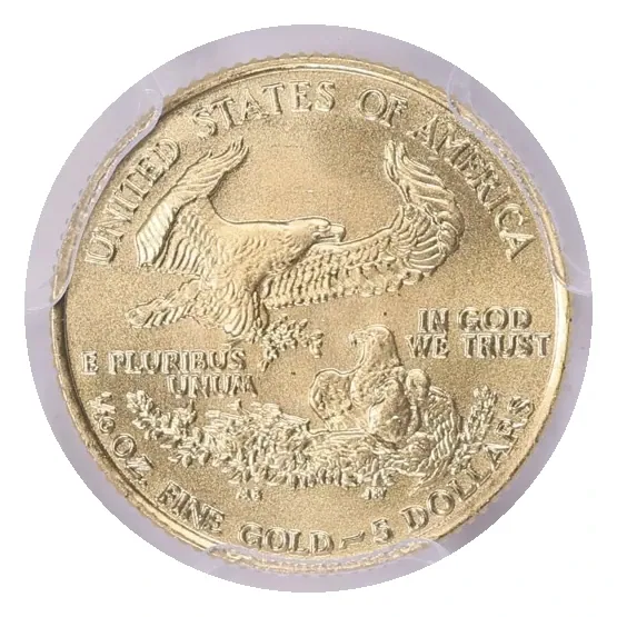 Same 1986 reverse: original family-of-eagles design and the fractional gold and five-dollar inscriptions.