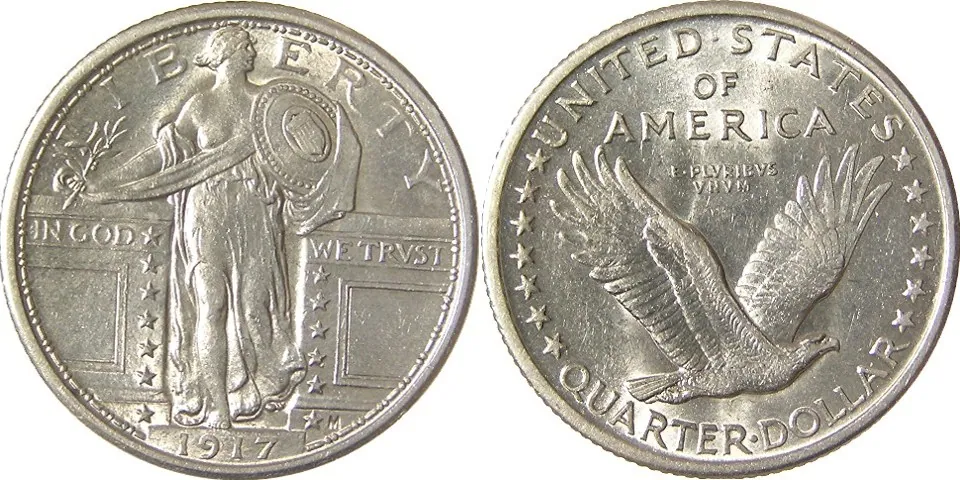 1917 Type 1 Standing Liberty quarter, both sides, for comparison with the 1916 issue