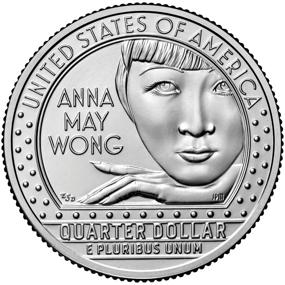 2022 Anna May Wong quarter reverse: Wong rests her head on her hand within a border of lights.