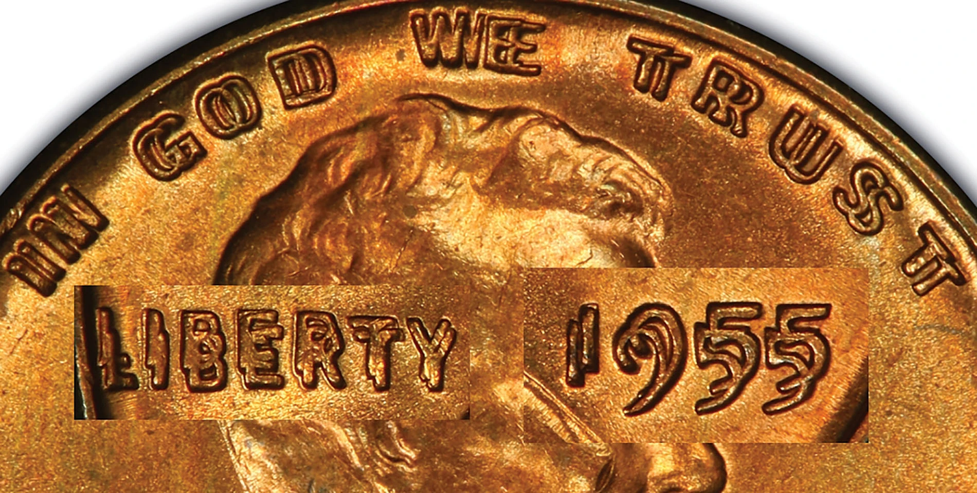 1955 doubled-die detail montage of the date and lettering