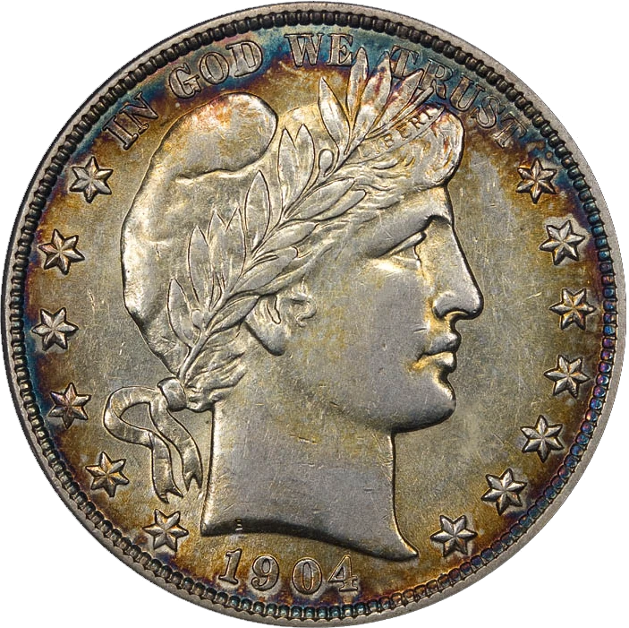 A 1904 Barber silver half dollar with yellow, blue and gray coloration.