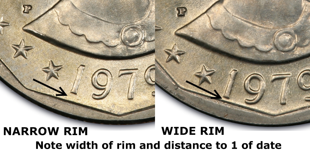 1979-P Susan B. Anthony dollar Narrow Rim left and Wide Rim right with date-to-rim gap comparison