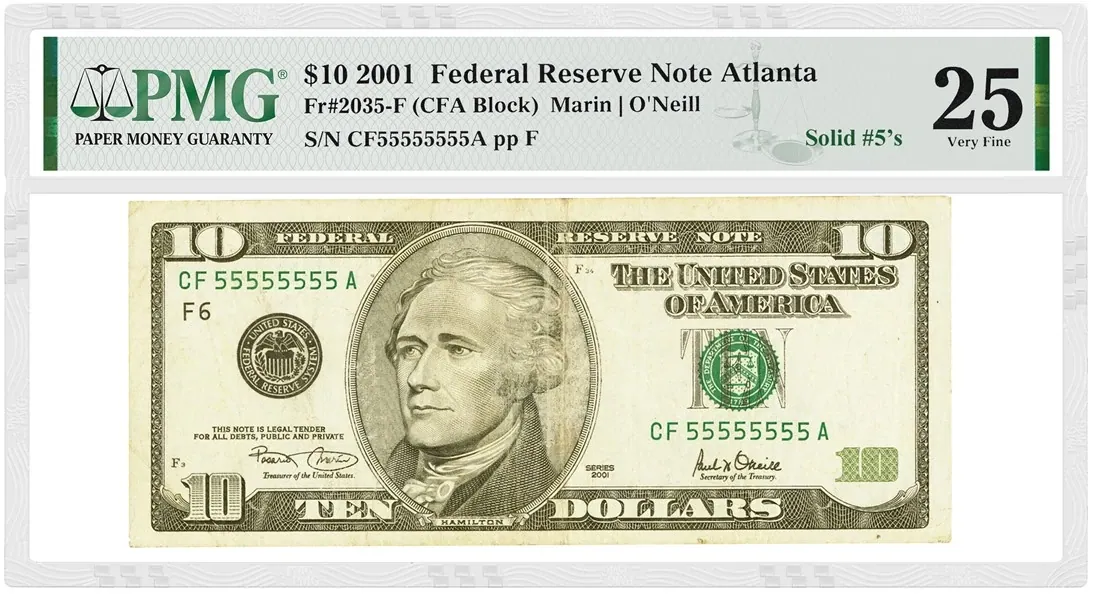 2001 $10 Federal Reserve note, showing serial 55555555