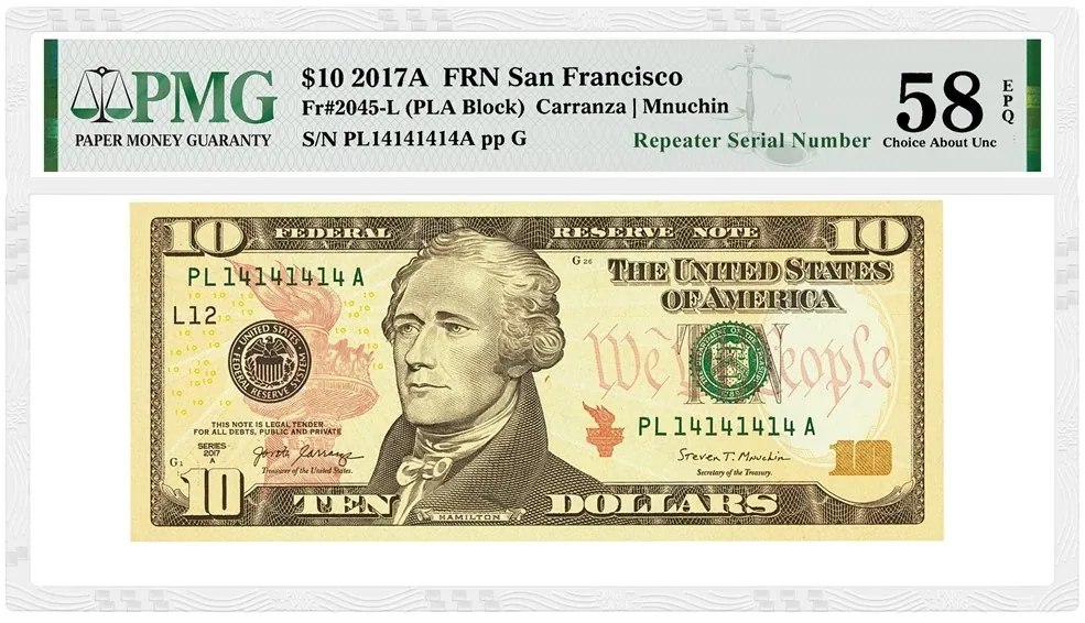 2017A $10 Federal Reserve note, showing serial 14141414