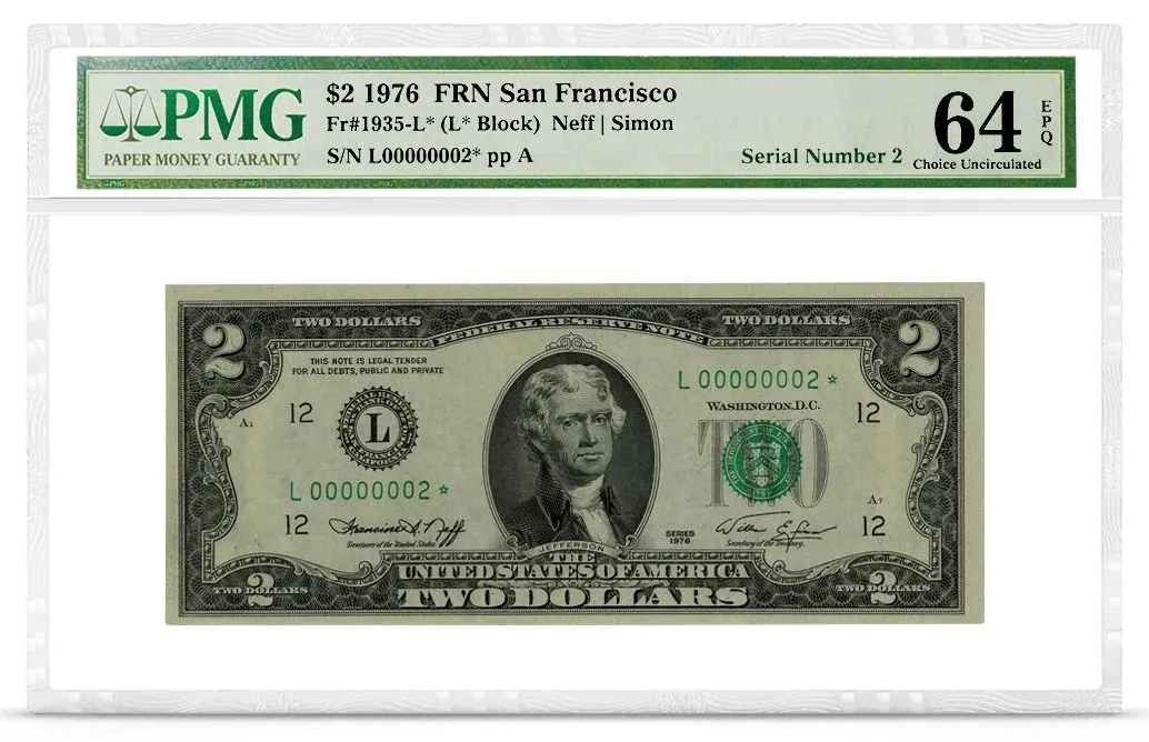 1976 $2 replacement note, showing serial 00000002